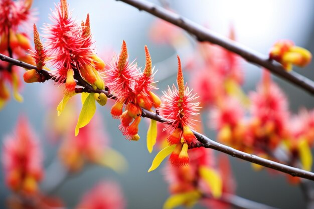 Colorful flowers budding on a tree branch