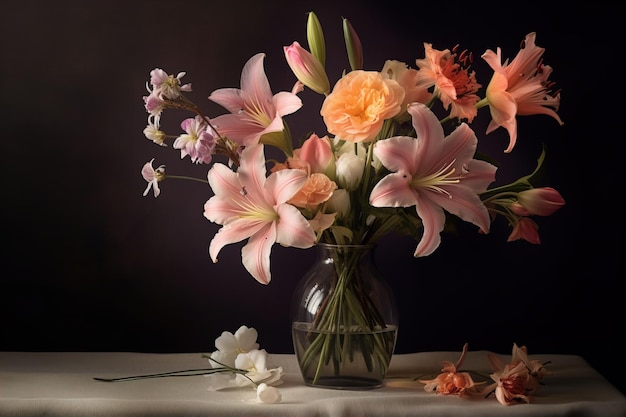 透明なガラスの花瓶に色とりどりの花が入っています