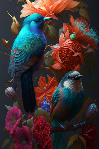 Colorful flowers and colorful birds