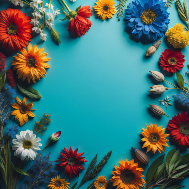 青い背景のカラフルな花の構成 フラットレイトップビュージェネレーティブai