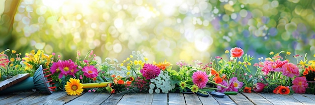 Photo colorful flowers and garden tools arranged on a wooden table with a blurred natural background generative ai