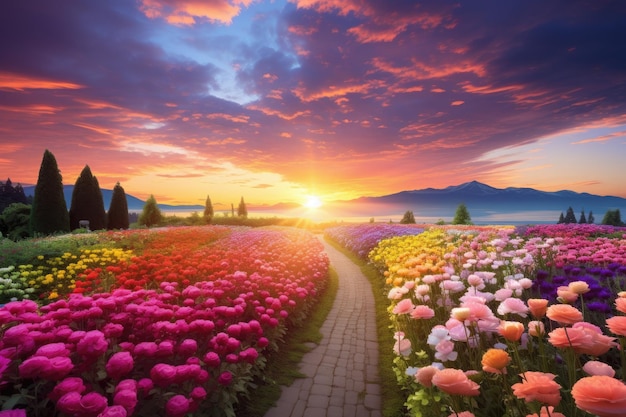 Colorful flowers in the garden with beautiful sky at sunset background Colorful flower garden and beautiful sky landscape AI Generated