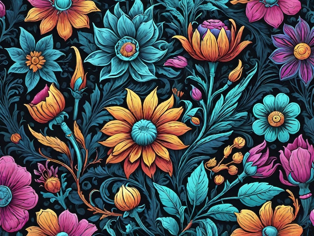 colorful flowers and leaves pattern on black background