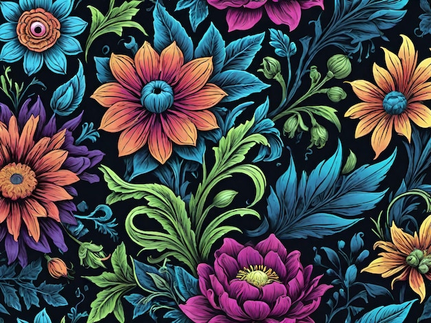 colorful flowers and leaves pattern on black background