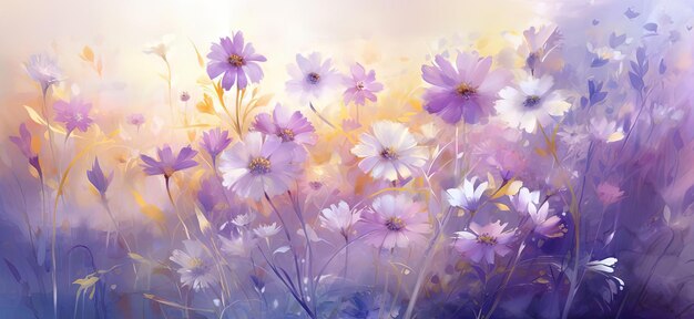 colorful flowers light and sunshine in the style of gold and violet ethereal landscape