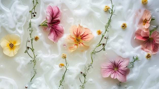 Colorful Flowers Lying in Cloudy Milk Water