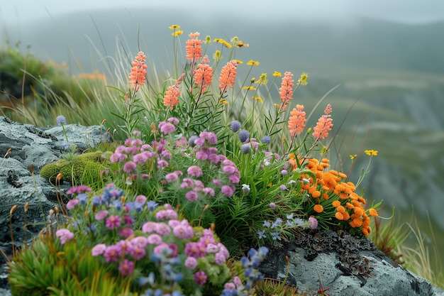 Photo colorful flowers on the mountain tundra in summer in the fog