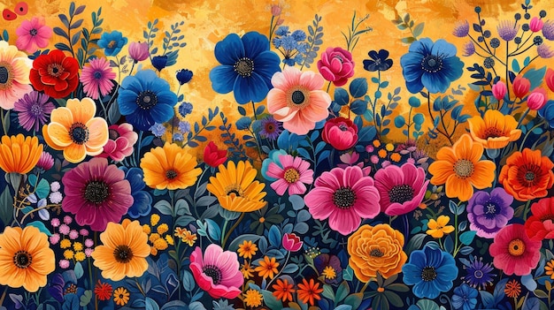 黄色い背景に彩る花の絵画