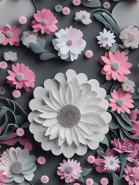 Colorful flowers pattern background Paper art style 3D detailed wallpaper Generative Ai