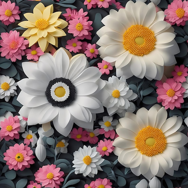 Colorful flowers pattern background Paper art style 3D detailed wallpaper Generative Ai