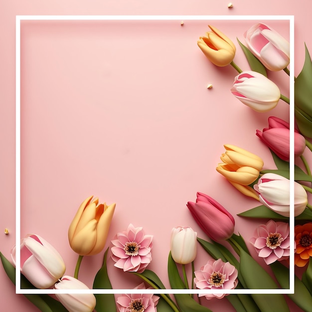Colorful flowers on a pink background with a rectangle frame.