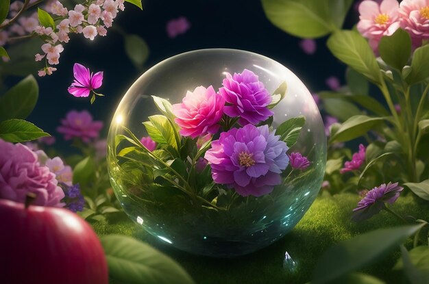 Colorful flowers and plants growing inside an apple