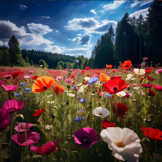 Colorful flowers of poppies in the field meadow clearing at the top of the clouds Flowering flowers a symbol of spring new life