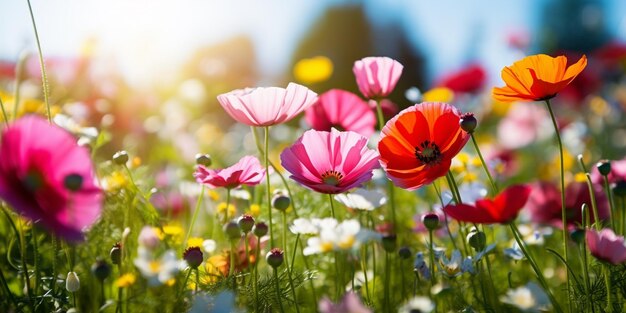 Colorful flowers in a sunkissed green field