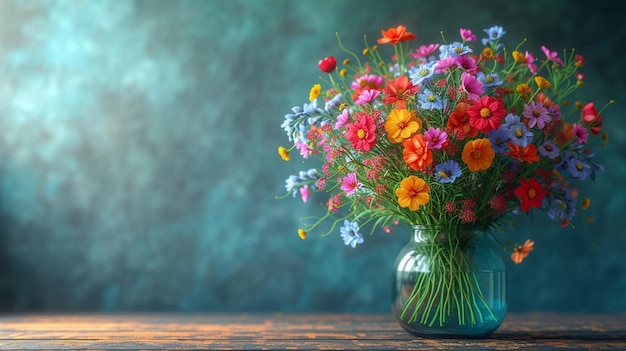 Colorful flowers in a vase on the wooden table