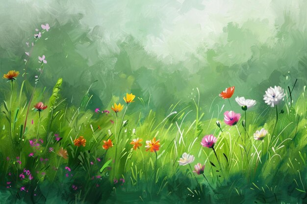 抽象的な背景として草原の草原に彩色の花を水彩で描いた