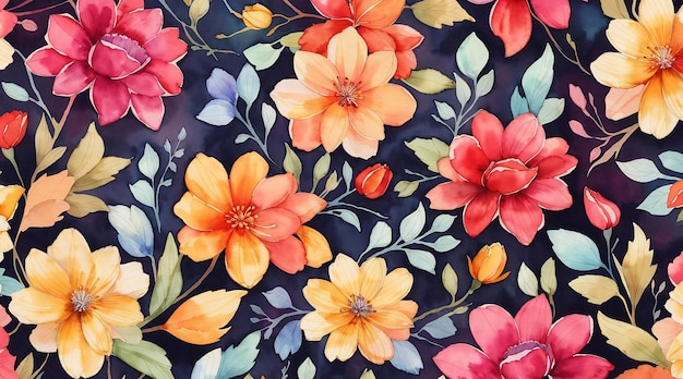 Colorful flowers watercolor seamless patterns