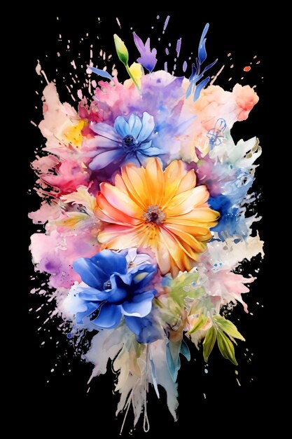 カラフルな花の水彩画は、暗い背景に 3 d イラスト ベクトル花要素を設定