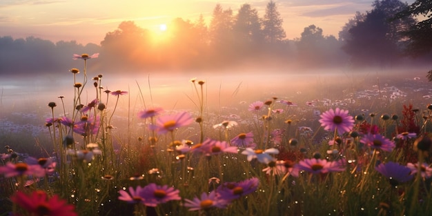 colorful flowers on wild field at morning drops of dew and sun beam light