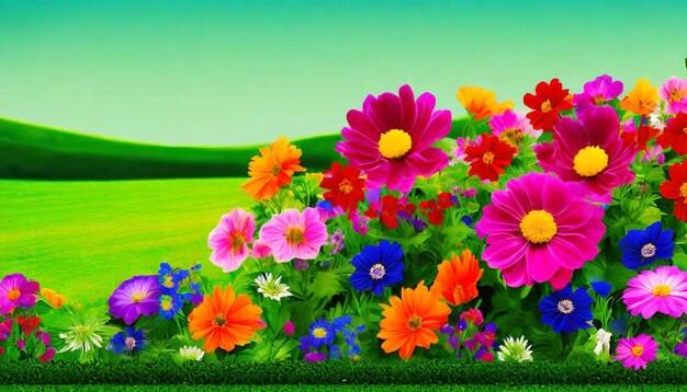 A colorful flowers with green field in the background