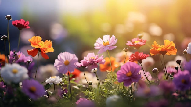 Colorful flowers with green leaves on so much smeared green falling rays of the sun Flowering flowers a symbol of spring new life