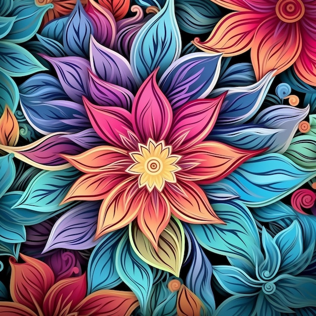 Colorful flowers with leaves and swirls are in a pattern