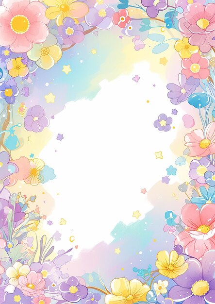 A colorful flowery background with a white frame The flowers are in various colors and sizes and they are scattered throughout the frame Scene is cheerful and vibrant