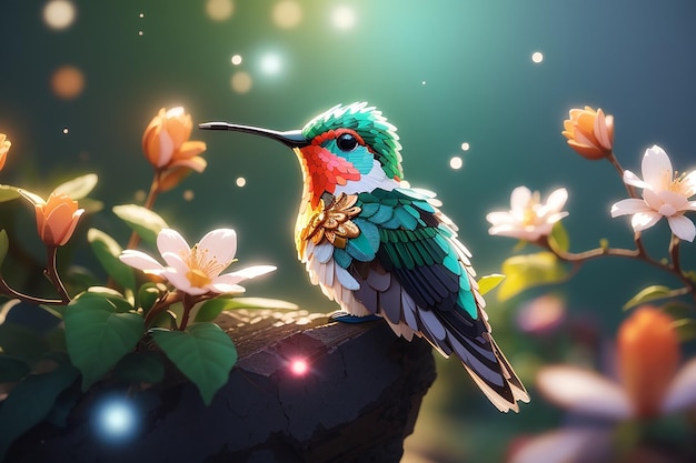 A colorful flying cute bird with a colorful background