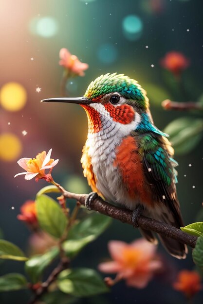 A colorful flying cute hummingbird with a colorful background