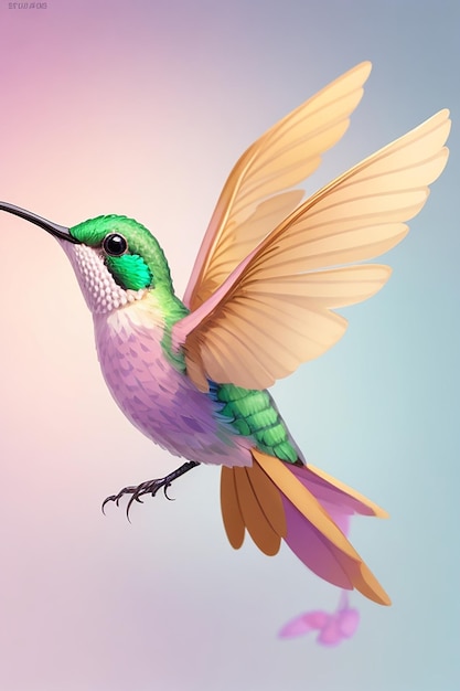 A colorful flying cute hummingbird with a colorful background