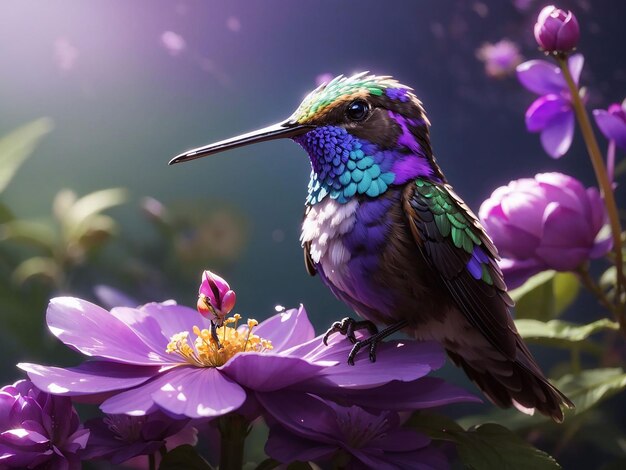 A colorful flying cute hummingbird with a colorful background