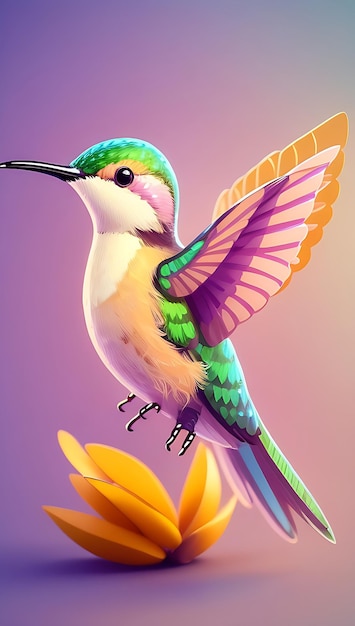 A colorful flying cute hummingbird with a colorful background