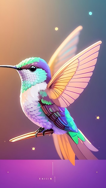 A colorful flying cute hummingbird with a colorful background