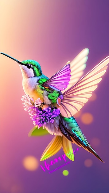 A colorful flying cute hummingbird with a colorful background