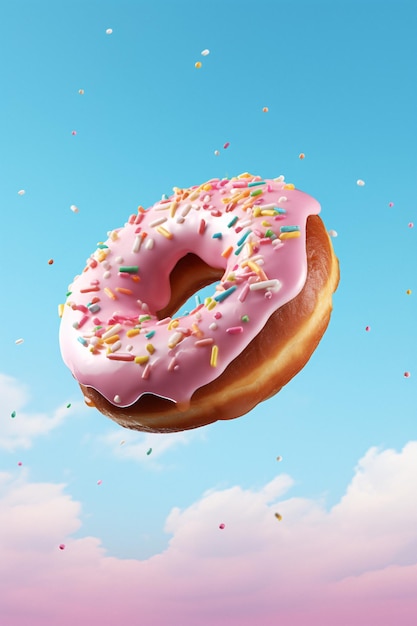 Colorful Flying Donut with Pink Icing and Sprinkles Easily Discoverable Stock Image with Generative AI