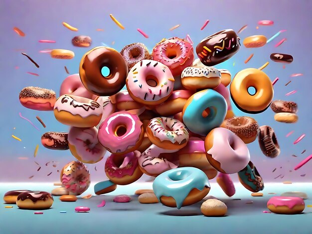Colorful flying donuts in multicolor and multicolor isolated background