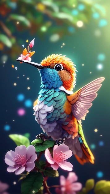 A colorful flying hummingbird with a colorful background