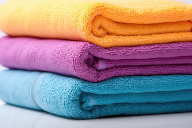 Colorful folded bath towels on white background