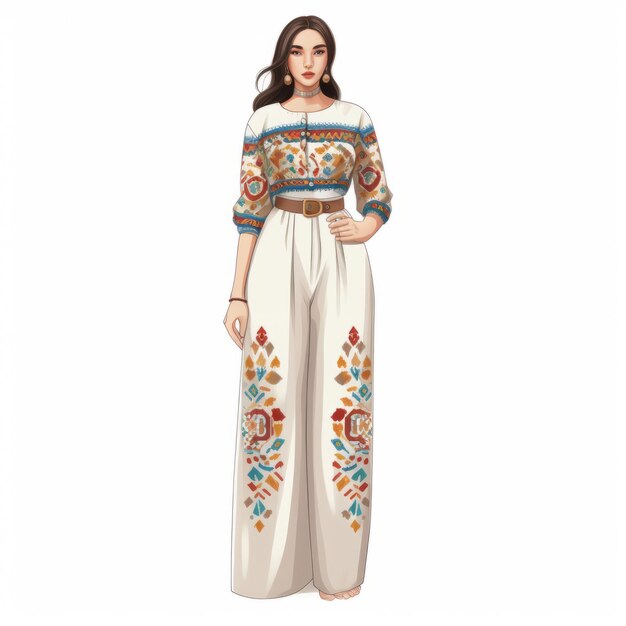 Colorful Folk Art Illustration Of Woman In Embroidered Top And White Pants