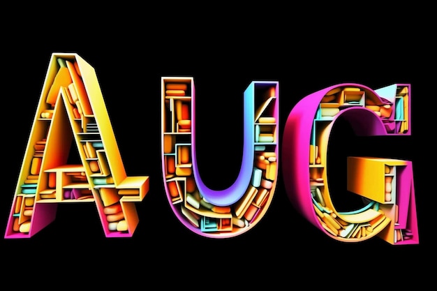 「AUG」の文字が入ったカラフルなフォント