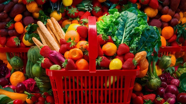 Colorful food and groceries in red supermarket plastic basket