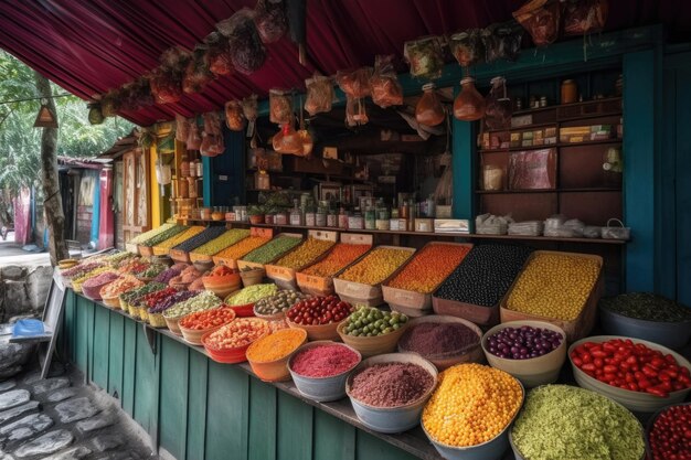 Colorful food stand with vibrant mix of fruits vegetables and spices created with generative ai