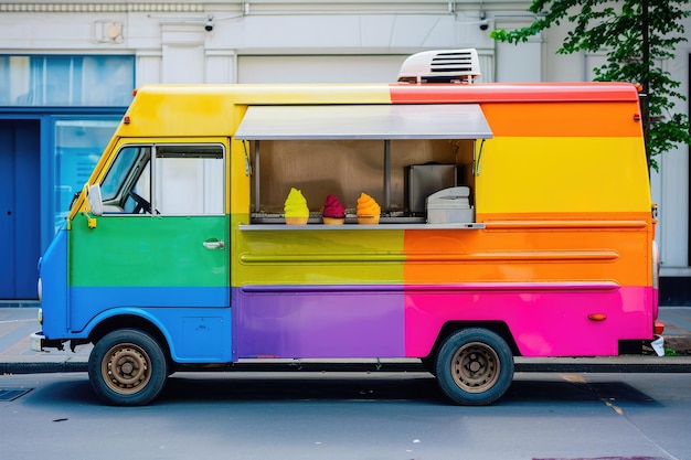 Красочный фургон с едой, припаркованный на обочине дороги, предлагающий множество вкусных угощений. Фургон с едой, который продает мороженое всех цветов радуги. Сгенерировано AI.