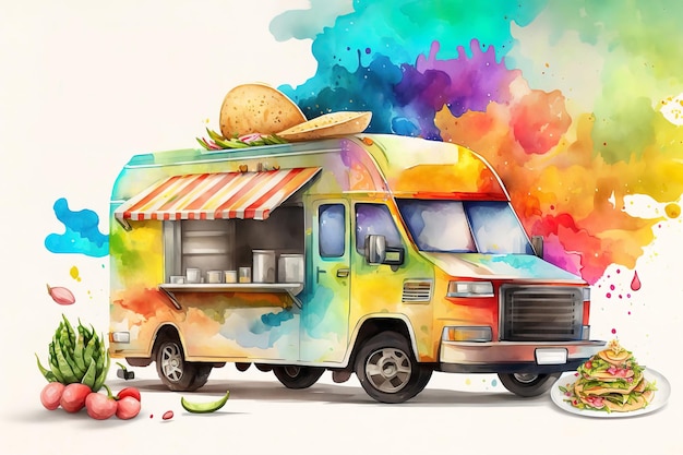 Photo a colorful food truck with a food truck painted in watercolor.