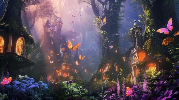 Красочный лесный город фей с волшебными светящимися растениями древний могущественный Генератив Ай