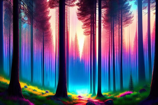 A colorful forest filled with lots of trees