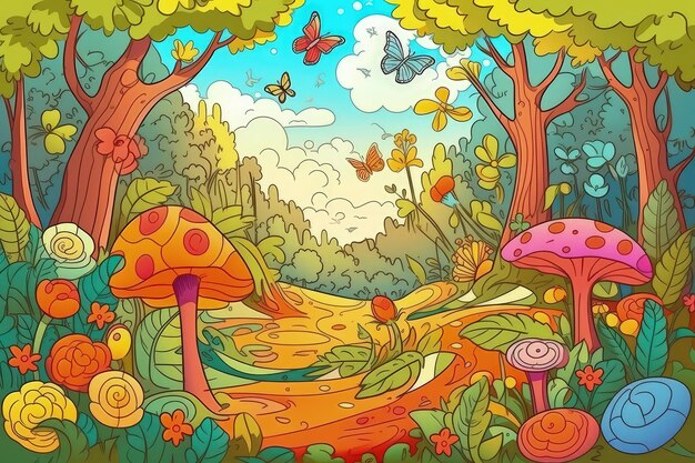 Colorful forest scene with mushrooms and wildflowers created with Generative AI technology