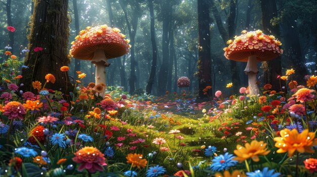 The Colorful Forest with Huge Flowers Mushroom Flower Gem in Grass Fantastic Realistic Cartoon Style Scene