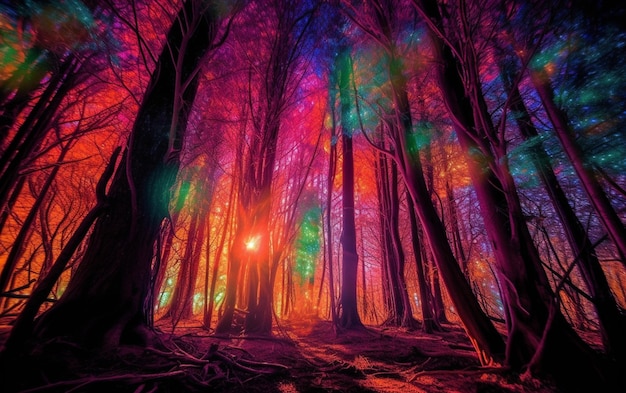 A colorful forest with a rainbow in the sky