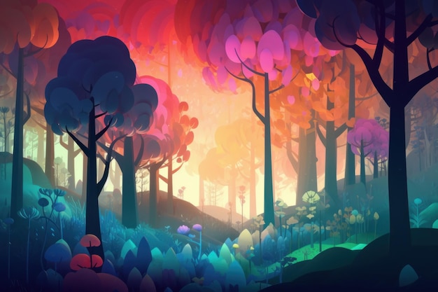 A colorful forest with a tree in the middle.